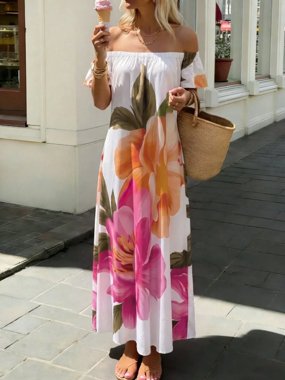 Multicolor Boho Women's Vacation Casual Floral Print Off-Shoulder Long Dress - Picture 4 of 5